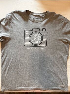 Life Is Good Gray T-Shirt with Camera Graphic